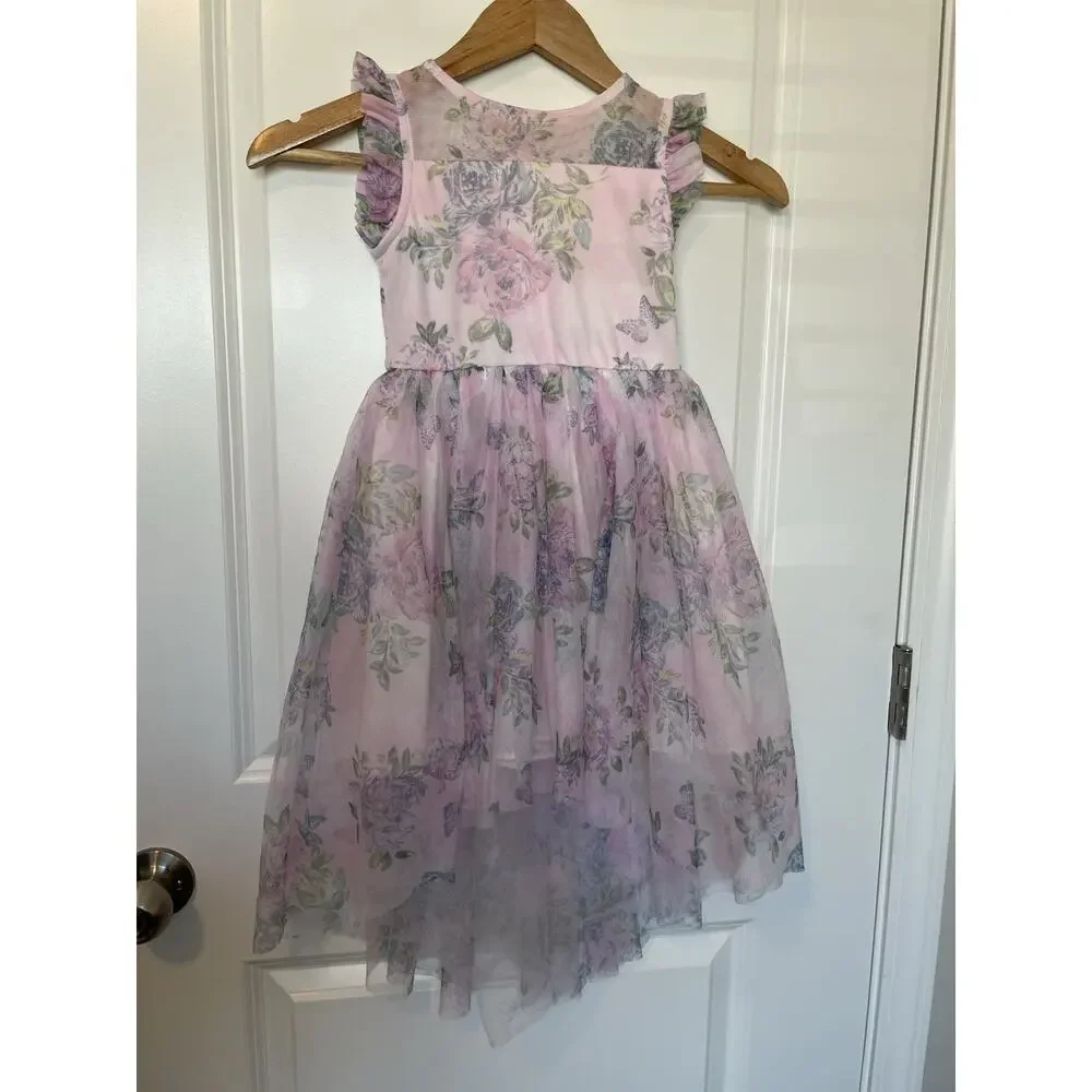 Zenzi Floral High Low Tulle Formal Girl Dress Size XS 4/5 Pink Garden Fairy EUC - Picture 11 of 14